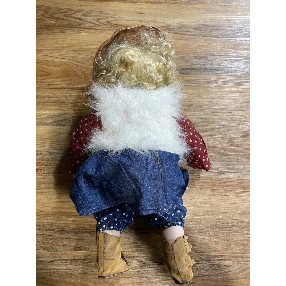 22in Porcelain Doll Patriotic Cowgirl Blonde Curls Blue Eye
